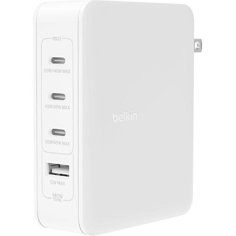Belkin BoostCharge Pro 140W 4-Port GaN Wall Charger, USB PD (Power Delivery), 140 Watts, 4 USB (3X USB-C/1X USB)