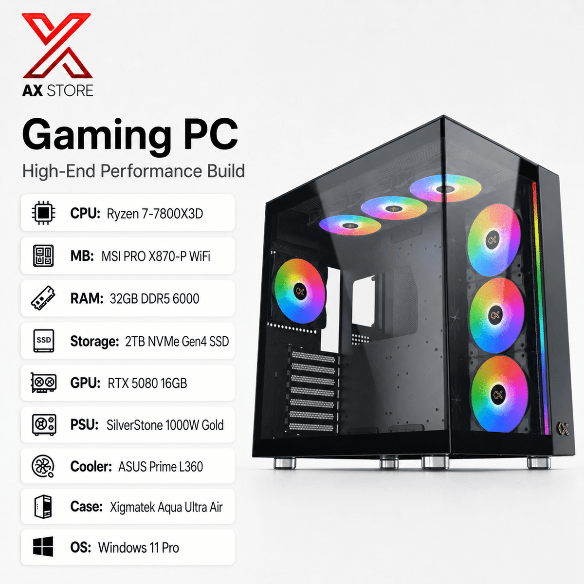 Gaming PC Ryzen 7-7800X3D – MSI PRO X870-P WiFi MB – 32GB DDR5 6000 RAM – 2TB NVMe Gen4 SSD – RTX 5080 16GB – SilverStone 1000W Gold PSU – ASUS Prime L360 Cooler – Xigmatek Aqua Ultra Air Case – Windows 11 Pro