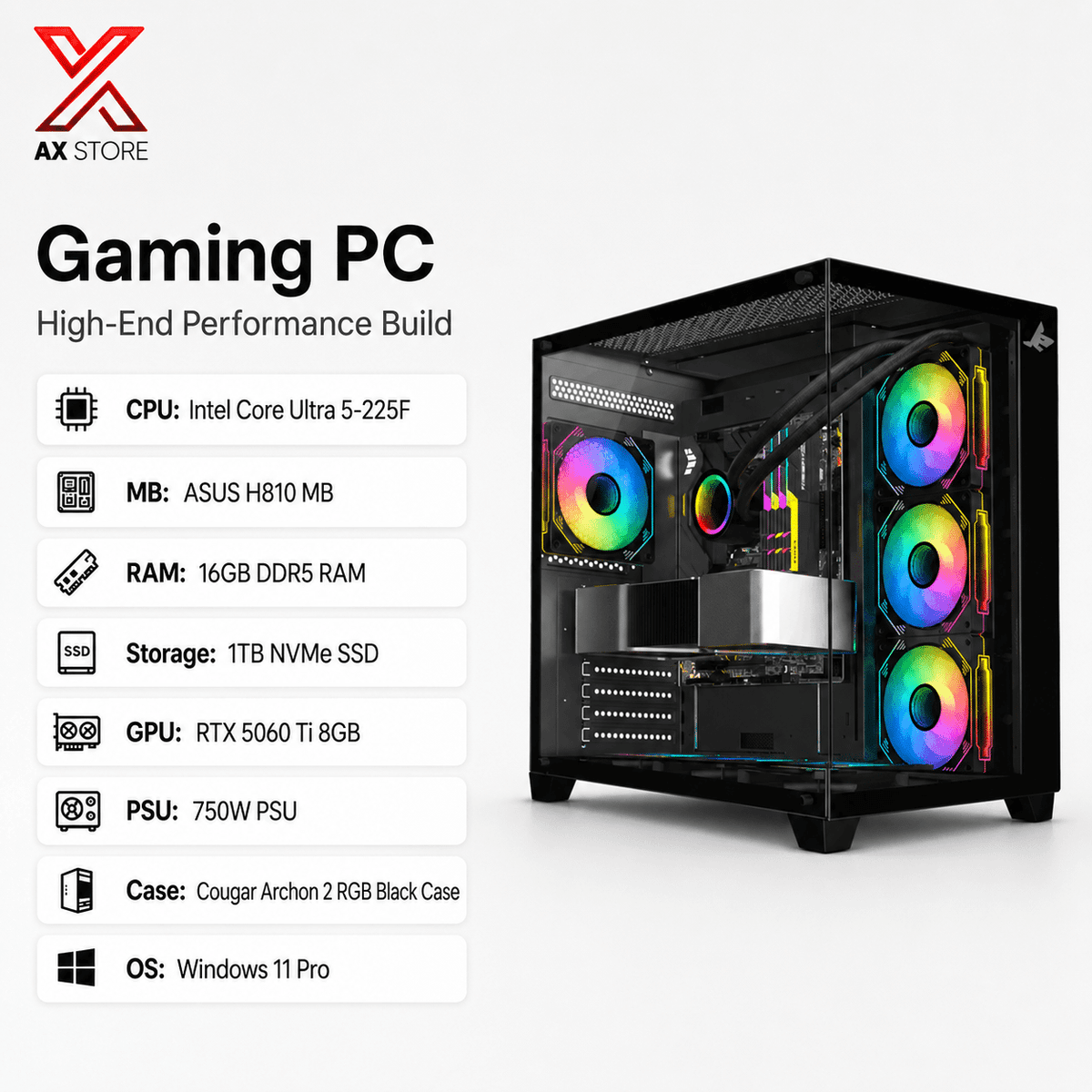 Gaming PC i7-14700F – GigaByte B760M G AX WiFi DDR5 MB – 32GB DDR5 6000 RAM – 1TB NVMe SSD – RTX 5070 12GB – 850W Gold PSU – AZZA L240 Black Cooler – SharX Profin XI700B Black Case – Windows 11 Pro