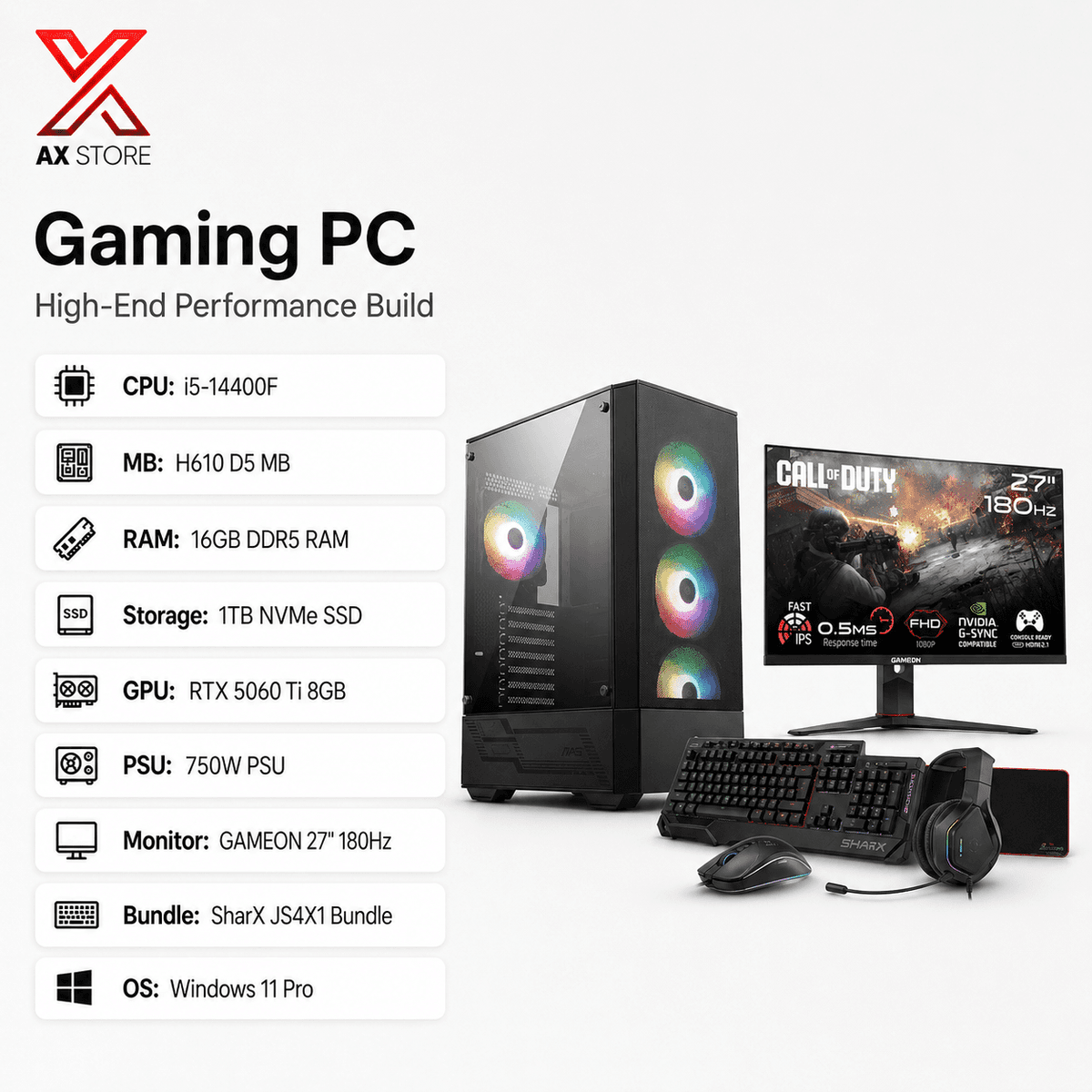 Gaming PC i5-14400F – H610 D5 MB – 16GB DDR5 RAM – 1TB NVMe SSD – RTX 5060 Ti 8GB – 750W PSU – MSI MAG Forge 112R Black Case – GAMEON 27″ 180Hz Monitor – SharX JS4X1 Bundle – Windows 11 Pro