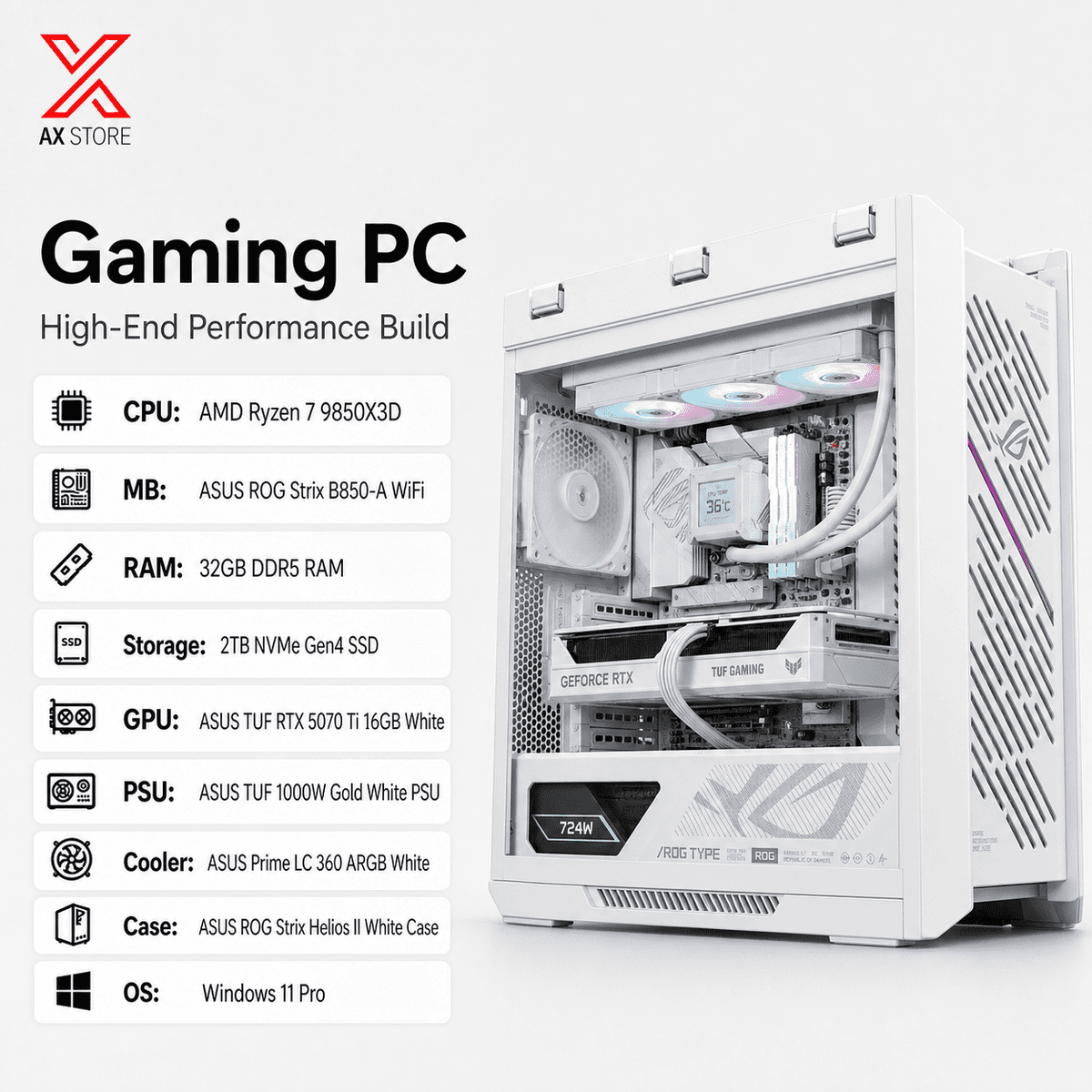 AMD Ryzen 7 9850X3D – ASUS TUF RTX 5070 Ti 16GB White – 32GB DDR5 RAM – 2TB NVMe Gen4 SSD – ASUS ROG Strix B850-A WiFi – ASUS TUF 1000W Gold White PSU – ASUS Prime LC 360 ARGB White – ASUS ROG Strix Helios II White Case – Windows 11 Pro