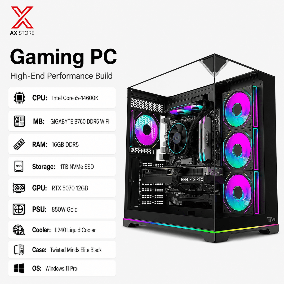 Intel Core i5-14600K – RTX 5070 12GB – 16GB DDR5 RAM – 1TB NVMe SSD – GIGABYTE B760 DDR5 WIFI Motherboard – 850W Gold PSU – L240 Liquid Cooler – Twisted Minds Elite Black Case – Windows 11 Pro