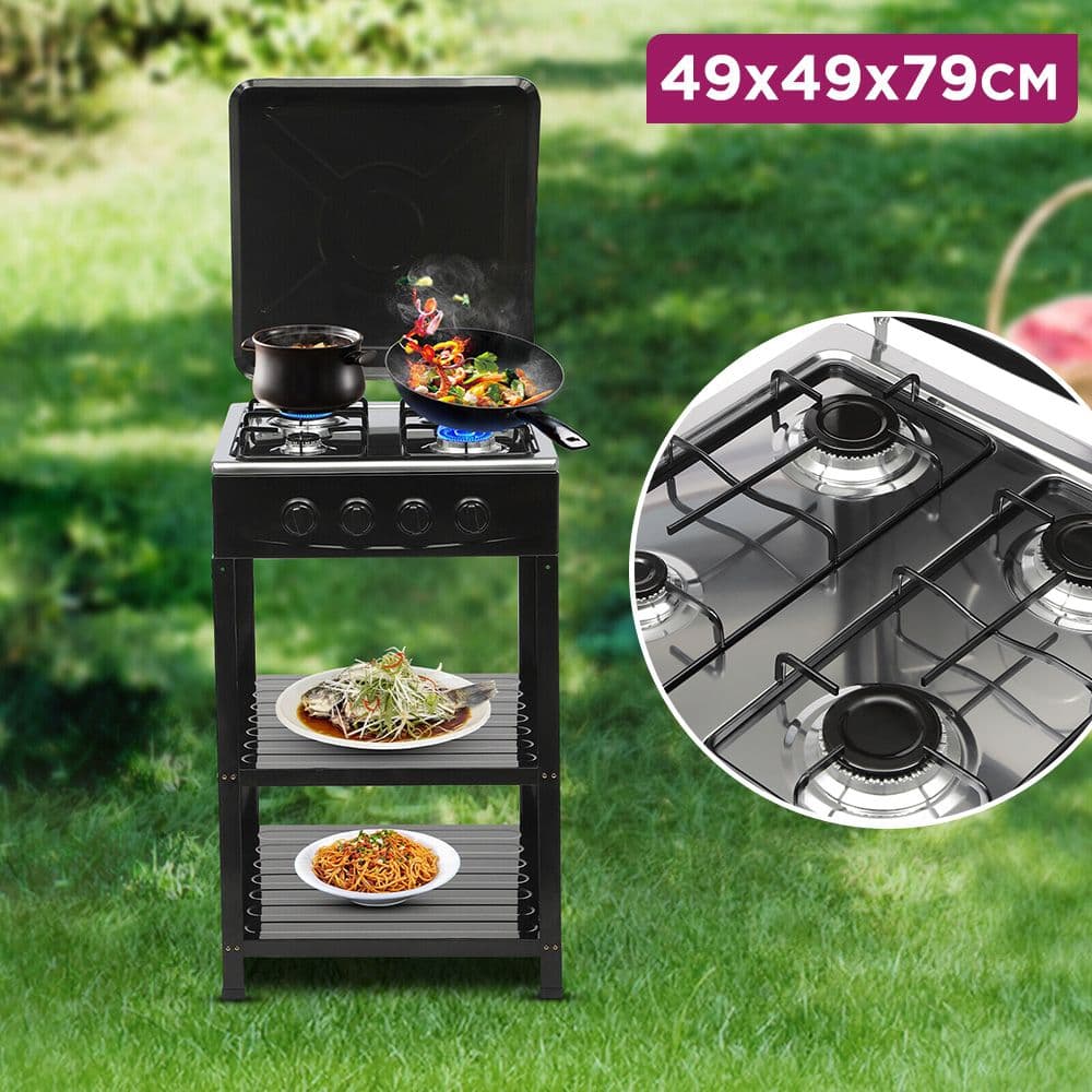 Powerful 4 Burner Gas Stove with Dual Storage Shelves