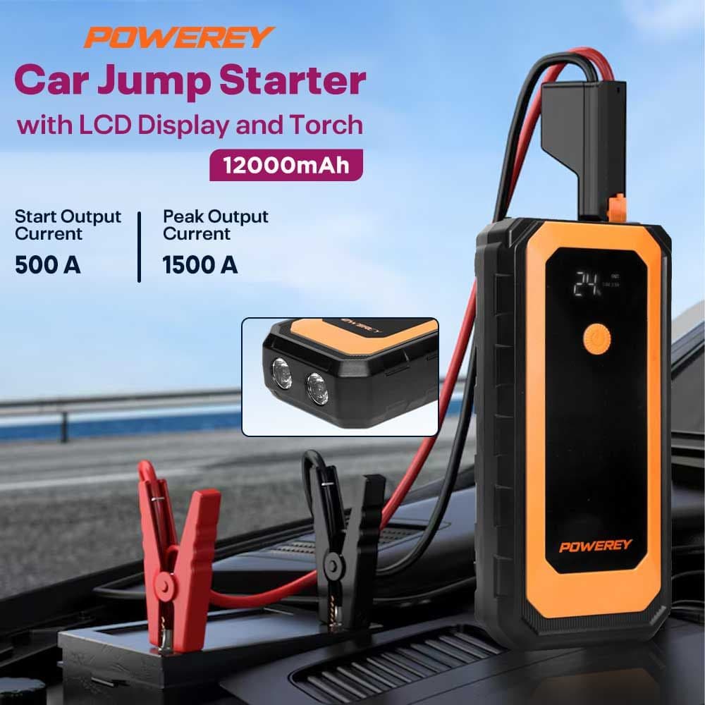 12000mAh Car Jump Starter with LCD Display and Torch by Powerey