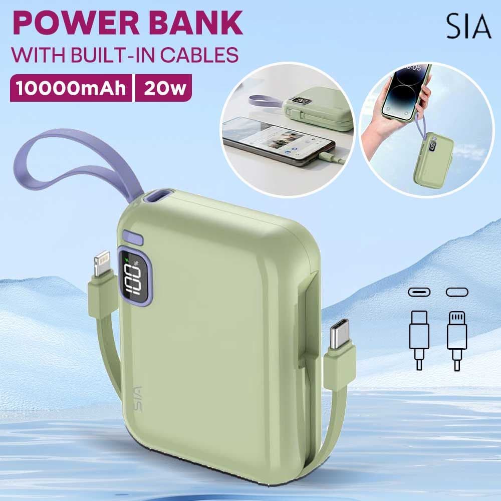 10000mAh Power Bank with Built-in USB-C and Lightning Cables 20W by SIA