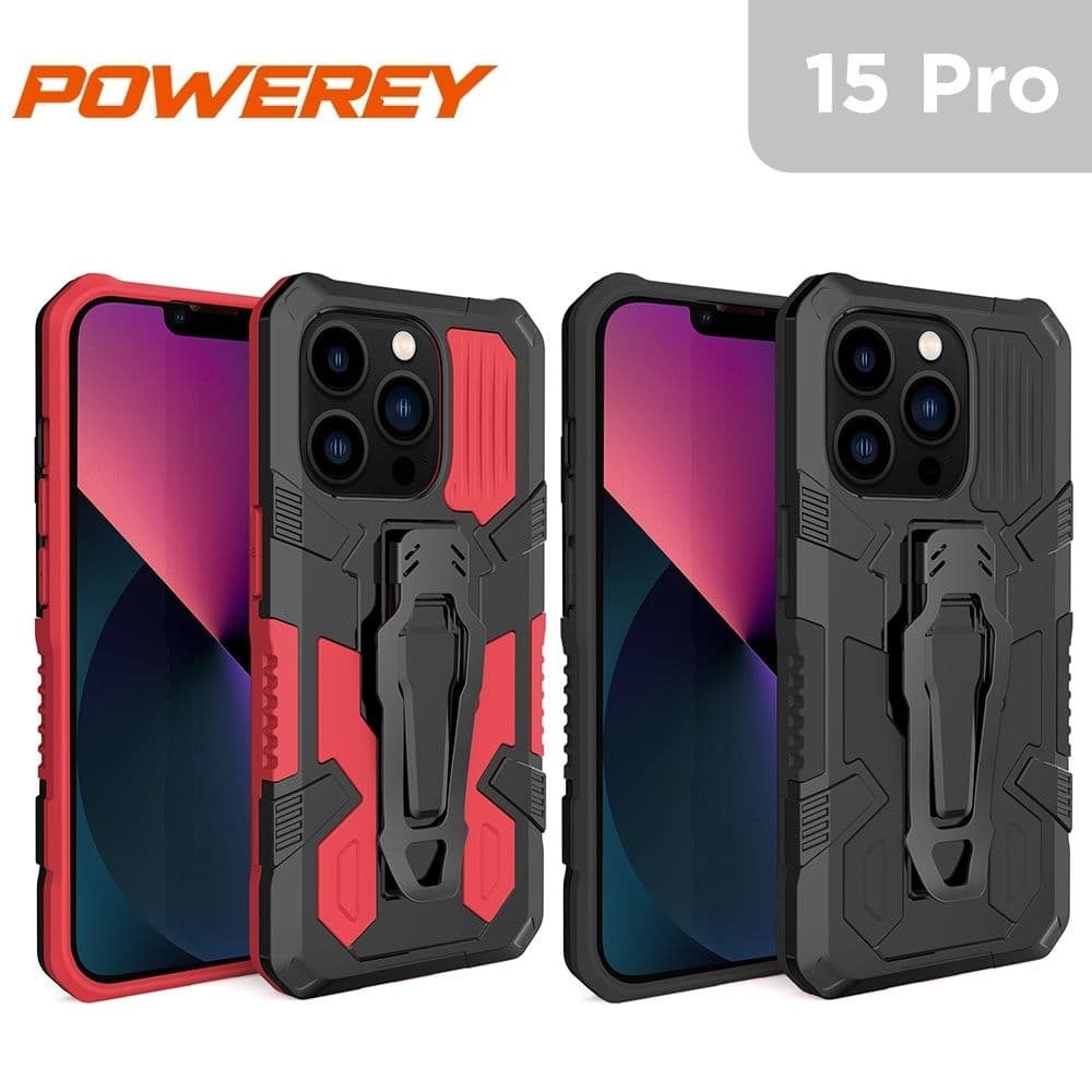 Powerey Armor Case with Clamp & Stand for iPhone 15 Pro