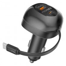Promate 62W Multi-Port Car Charger with Retractable USB-C Cable