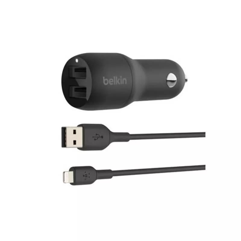 Belkin 24W Dual USB A Port Car Charger+Lightning (1m) Cable - Bl