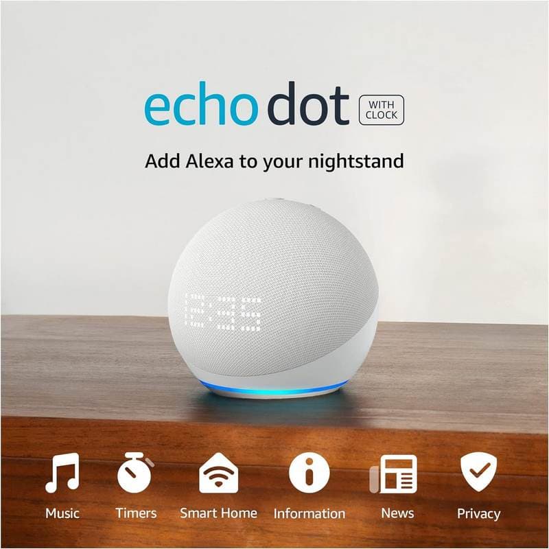 Amazon Echo Dot 5th Gen with clock | Compact smart speaker with Alexa and enhanced LED display for at-a-glance clock, timers, weather, and more