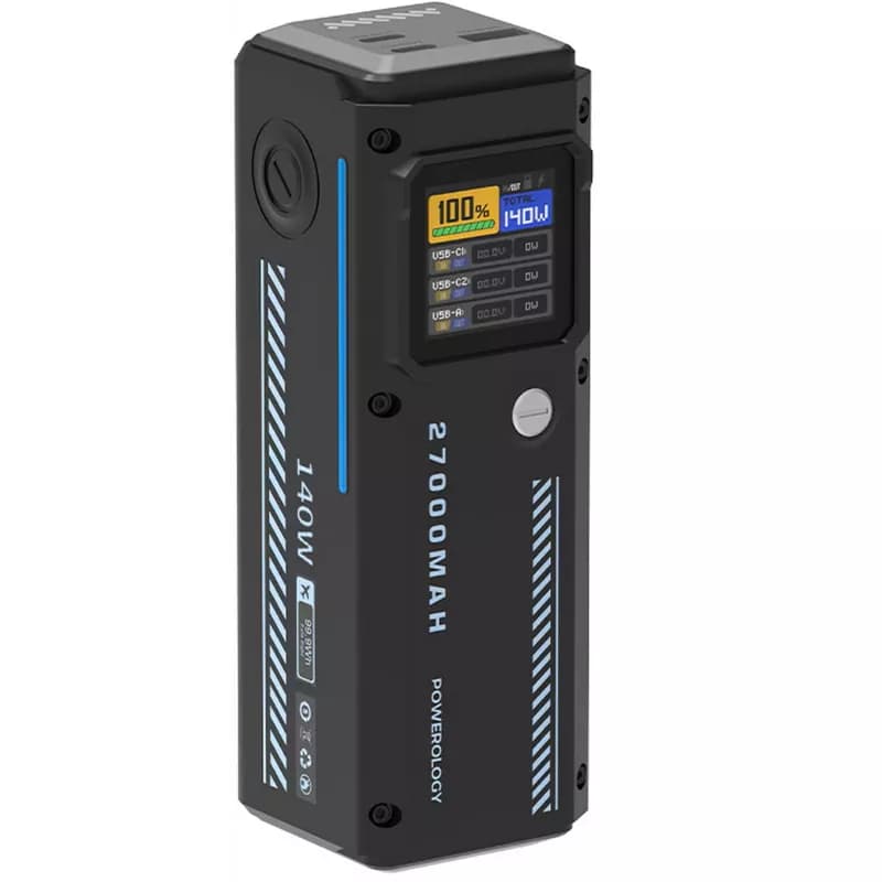 Powerology 27000mAh Smart Display 140W Powerbank, USB-A & Dual USB-C Ports, 30cm 60W USB-C to USB-C Cable, Simultaneous Charging, Laptop Charging, Built-in Safeguards – Black (PPBCHA83)