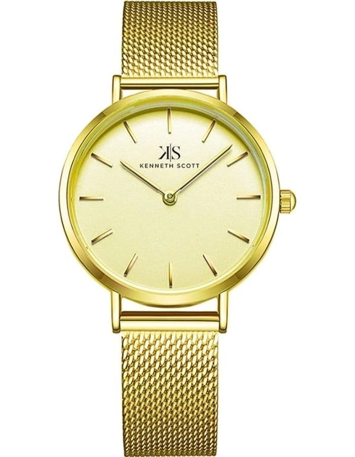 Kenneth Scott Ladies Analog Gold Case Gold Mesh band Champagne Dial