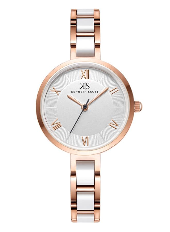 Kenneth Scott Ladies Analog TT RG/Silver Case White Ceramic Band White Dial