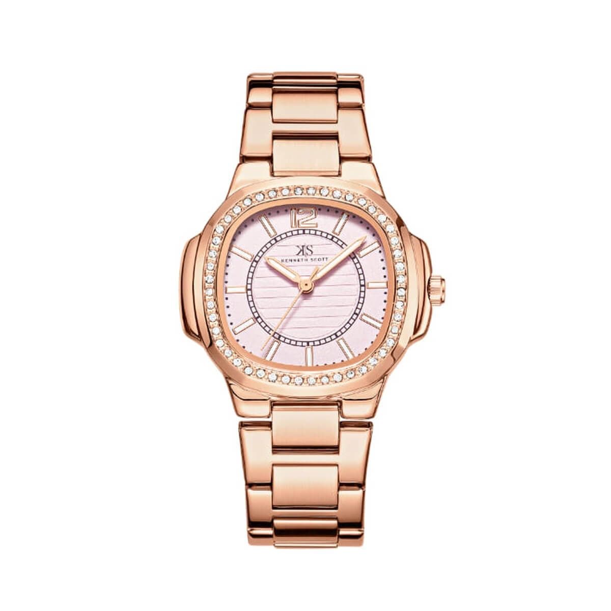 Kenneth Scott Ladies Analog Watch Rose Gold Case Rose Gold Metal Band Pink Dial