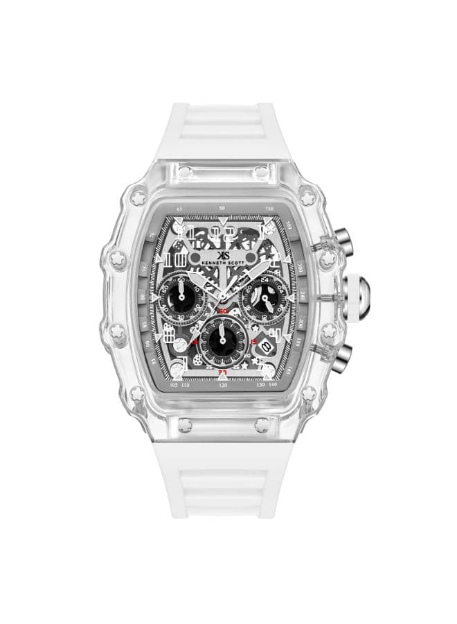 Kenneth Scott Gents multi fn Transparent case White silicone Ivory dial