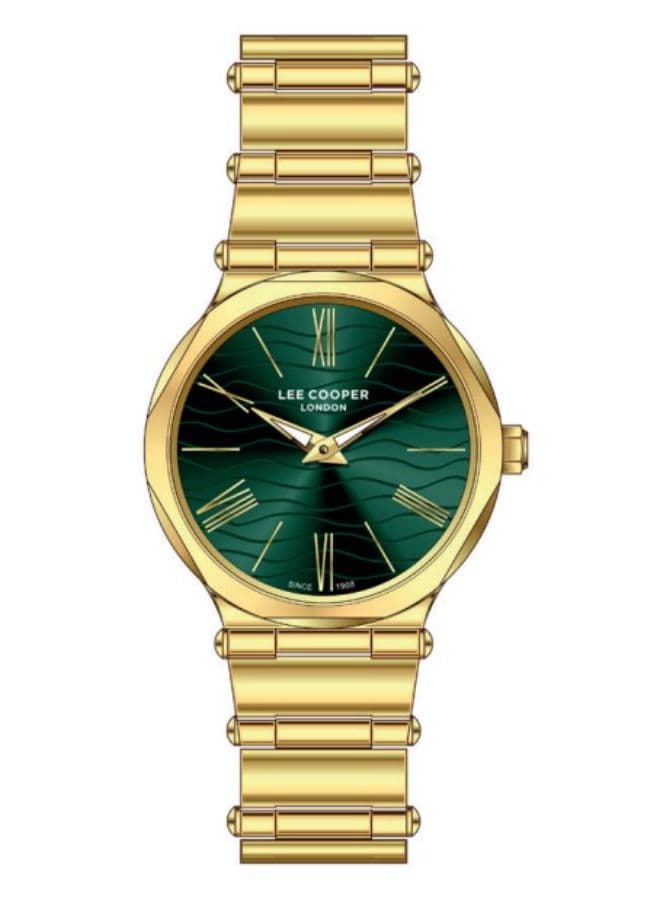 Lee Cooper Ladies 2H Fn Gold Case Gold Metal Band DARK GREEN Dial