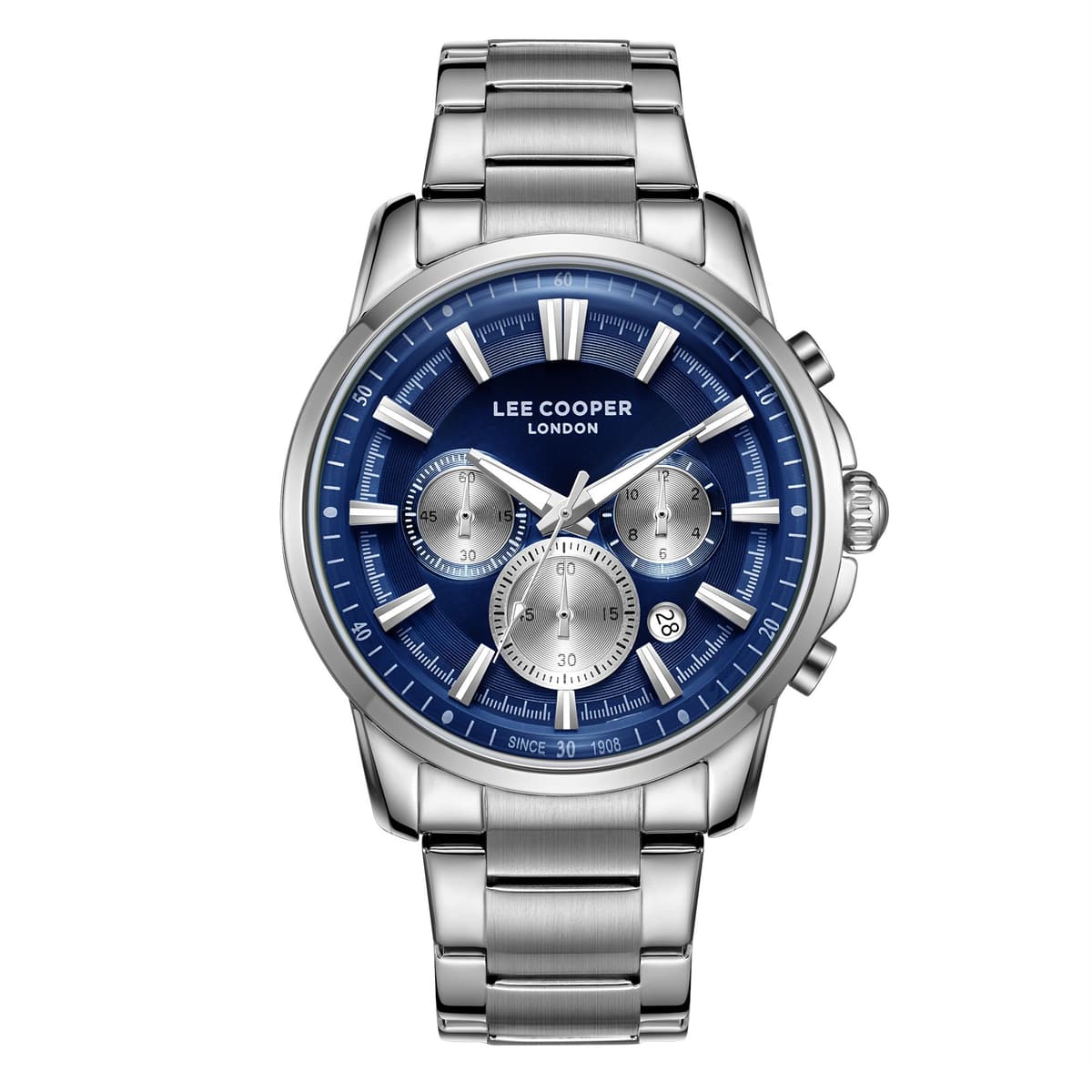 Lee Cooper Gents Multifunction Silver Case Silver Metal Band D.Blue Dial