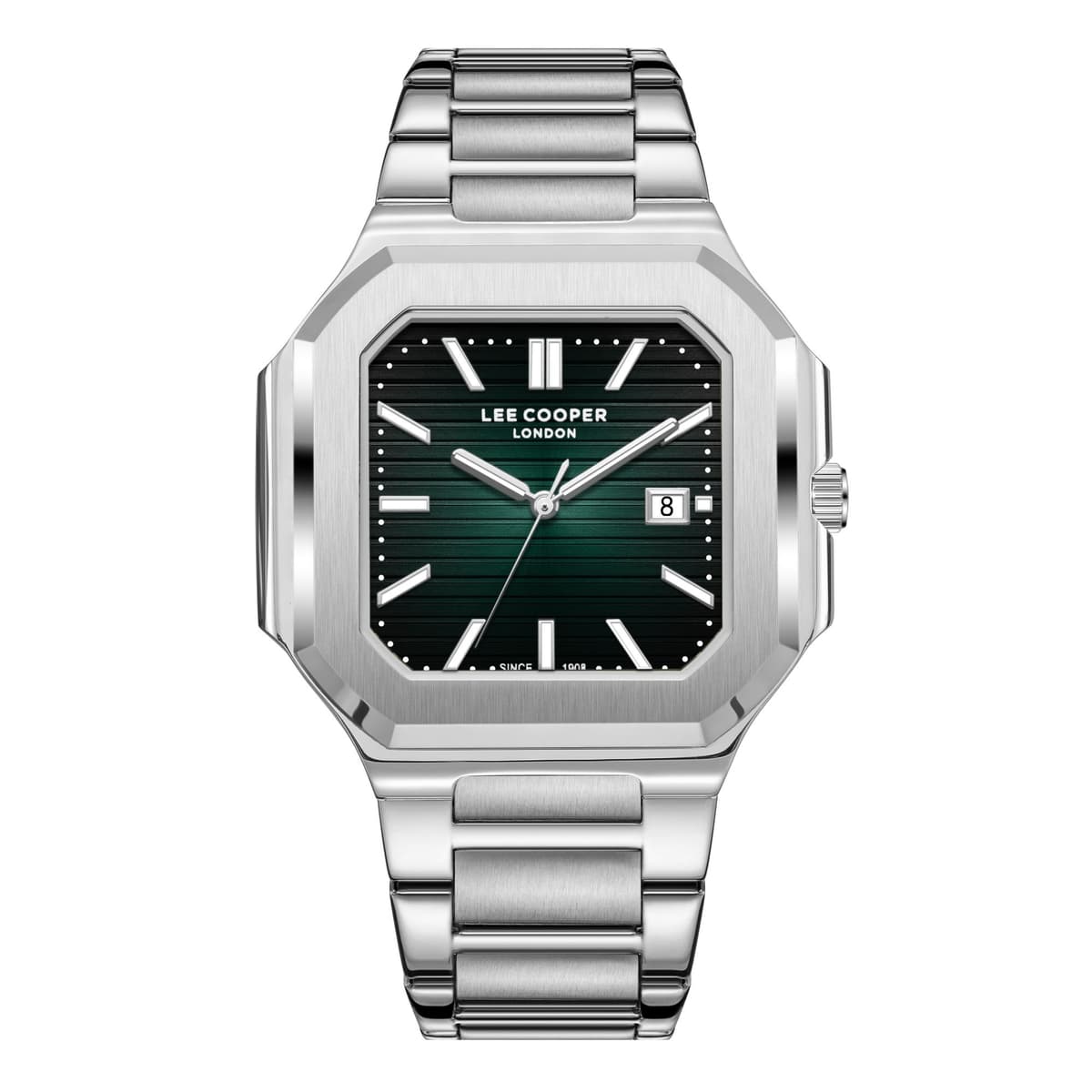 Lee Cooper Gents Date Fn Silver Case Silver Metal Band Dark Green Dial-LC08269.370