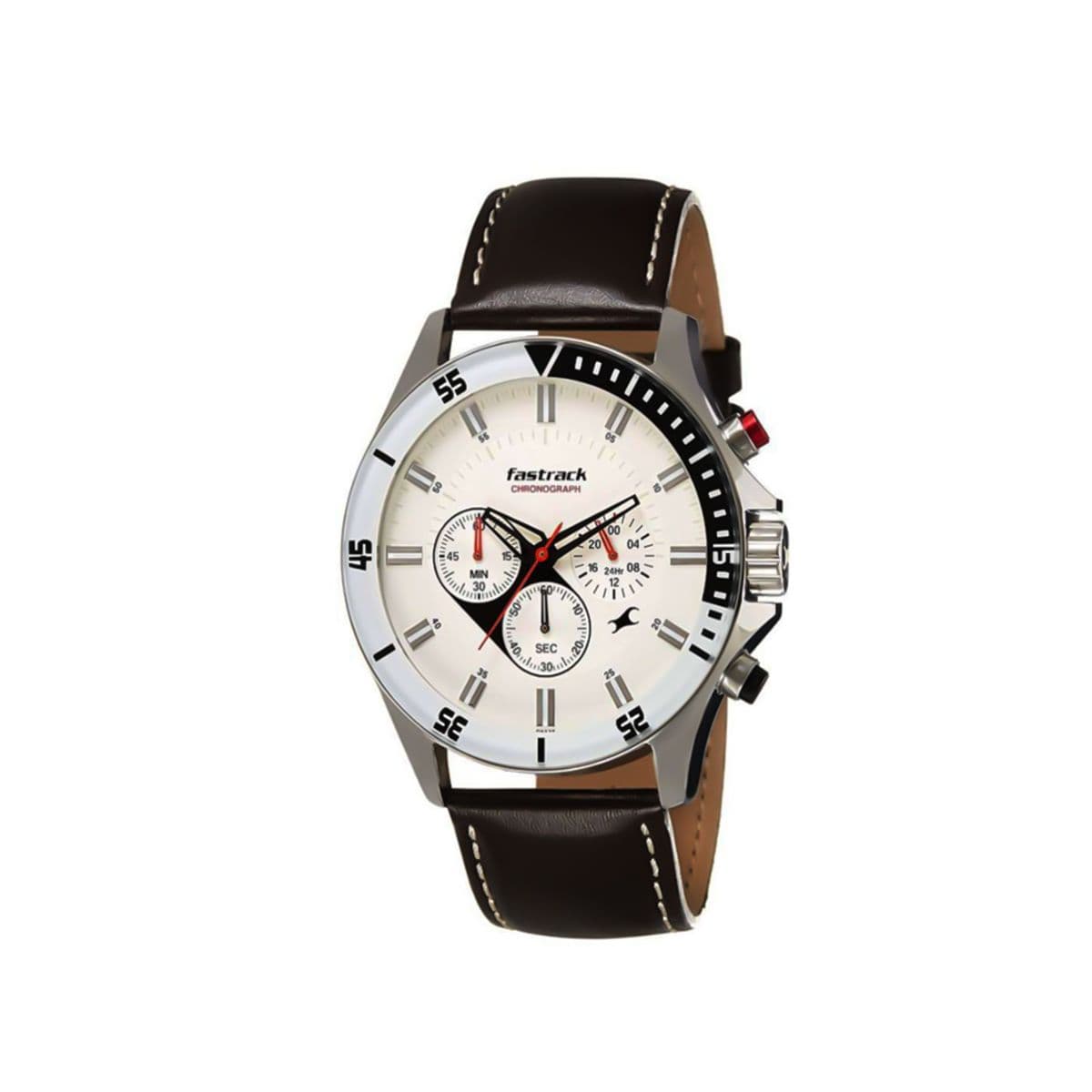 Fastrack Big Time Quartz Chronograph White Dial Leather Strap Watch for Guys