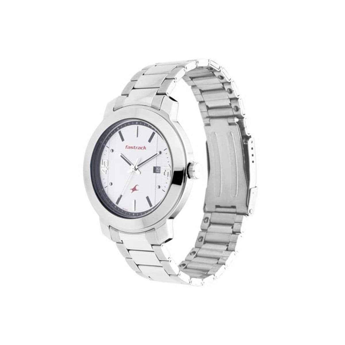 Fastrack Bare Basics Quartz Analog with Date White Dial Stainless Steel Strap Watch for Guys