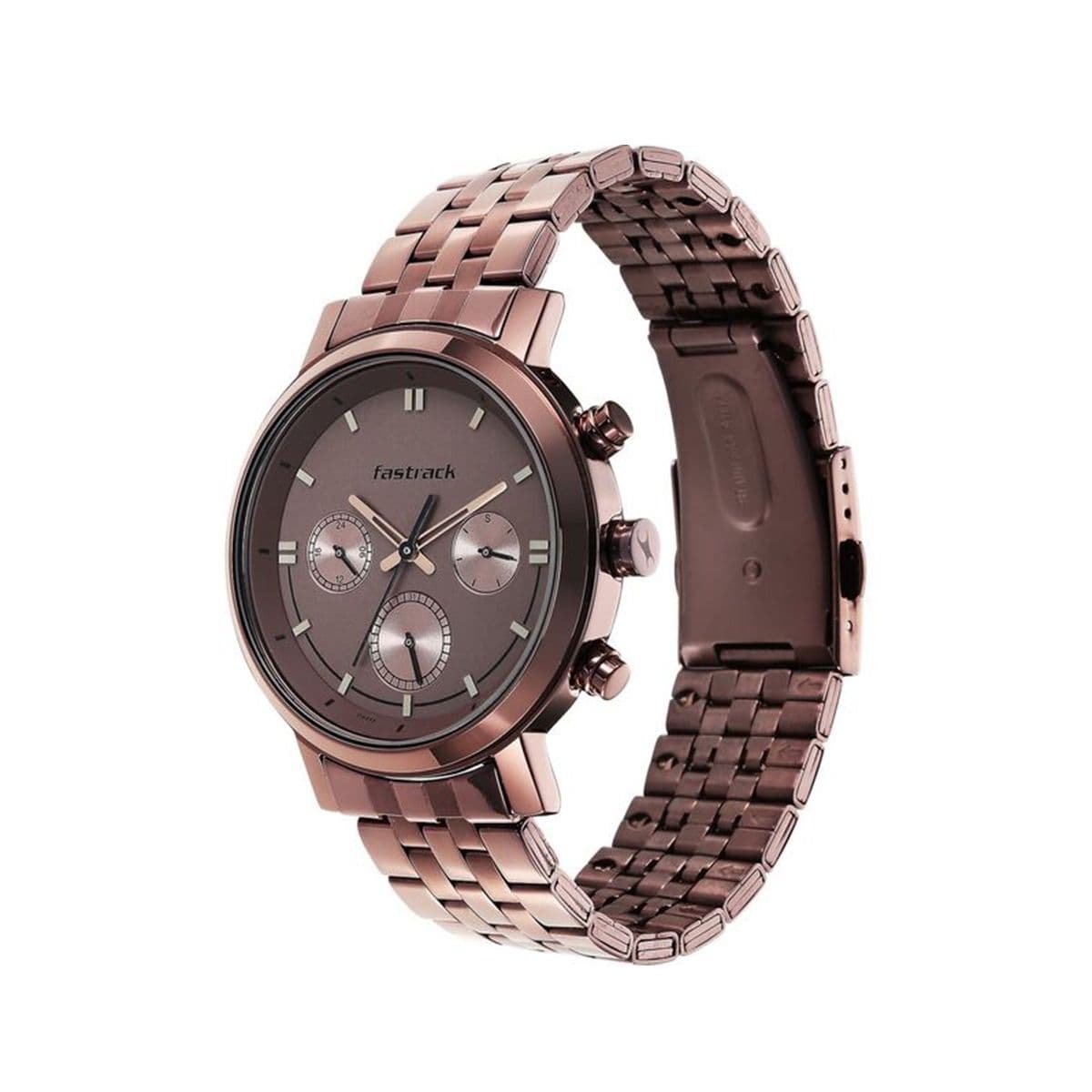 Fastrack Tick Tock Quartz Multifunction Brown Dial Metal Strap Watch for Guys