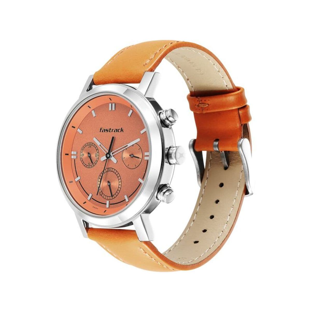 Fastrack Tick Tock Quartz Multifunction Orange Dial Leather Strap Watch for Guys