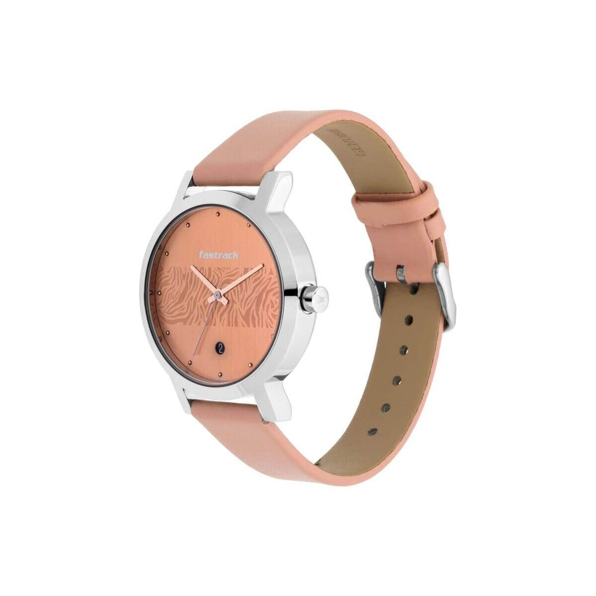 Fastrack Animal Print Quartz Analog with Date Rose Gold Dial Leather Strap Watch for Girls