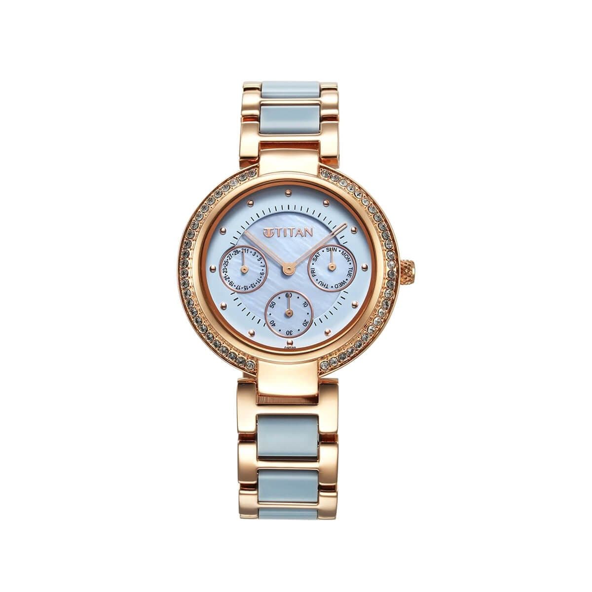Titan Acetate Quartz Multifunction Mother Of Pearl Dial Two Toned Strap Watch for Women